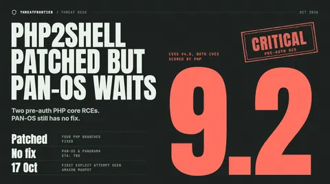 Data graphic: editorial cover for PHP2Shell, two unauthenticated PHP core remote code execution bugs rated CVSS v4.0 9.2 critical , shown as a giant 9.2 with a CRITICAL stamp. PHP has patched four branches, but PAN-OS and Panorama have no fix, and the first exploit attempt was seen on 17 Oct by Amazon MadPot.