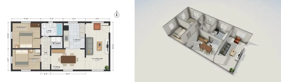 FloorGen 2D floor plan of a two-bedroom, one-bath home, furnished and dimensioned in feet and inches, with each room labeled with its area, beside the same plan as a 3D cutaway
