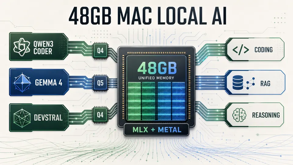 Editorial poster showing a 48GB Apple Silicon local AI model stack for open-weight coding and RAG models