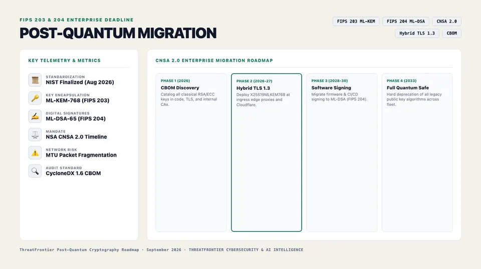 Infographic briefing poster for The Post-Quantum Enterprise Migration Deadline: Implementing FIPS 203 ML-KEM and FIPS 204 ML-DSA Ahead of CNSA 2.0