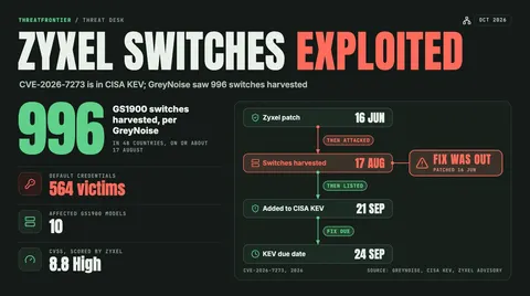 Data graphic: Zyxel GS1900 switches exploited. GreyNoise saw 996 switches harvested in 48 countries on or about 17 August, 564 of them with default credentials; the flaw was patched 16 June, added to CISA KEV 21 September, with a KEV due date of 24 September.