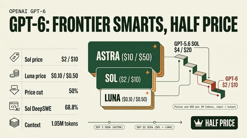 ThreatFrontier data poster: GPT-6 lineup with Astra at $10/$50, Sol at $2/$10 and Luna at $0.10/$0.50 per million tokens, a 50% price cut from GPT-5.6 Sol, Sol DeepSWE 68.8%, 1.05M-token context, released Sep 3 and Sep 22 2026.