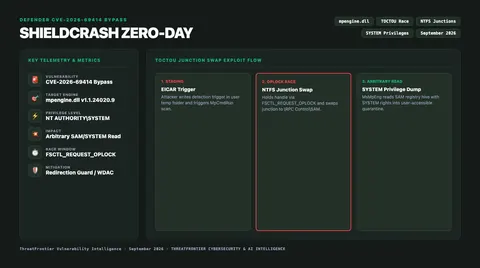 Infographic briefing poster for ShieldCrash Zero-Day Analysis: Bypassing Microsoft Defender's ShieldBreak Fix CVE-2026-69414 for Arbitrary SYSTEM File Reads