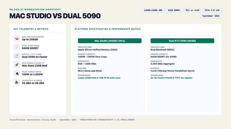 Infographic briefing poster for Mac Studio M4/M5 Ultra 128GB–256GB vs. Dual RTX 5090 64GB : The $6,000 Local LLM Workstation Shootout