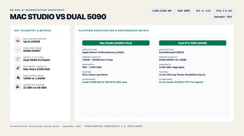 Infographic briefing poster for Mac Studio M4/M5 Ultra 128GB–256GB vs. Dual RTX 5090 64GB : The $6,000 Local LLM Workstation Shootout