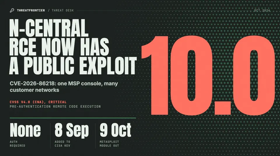 Data graphic: A giant 10.0 CVSS v4.0 critical score beside the headline that N-central's pre-auth RCE now has a public exploit. Stats show no authentication required, added to CISA KEV on 8 Sep and a Metasploit module out 9 Oct.