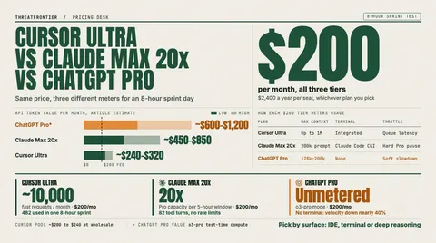 Data graphic: Cursor Ultra, Claude Max 20x and ChatGPT Pro all cost $200 a month $2,400 a year per seat , but the article estimates very different API token value per month: about $600 to $1,200 for ChatGPT Pro o3-pro test-time compute , $450 to $850 for Claude Max 20x and $240 to $320 for Cursor Ultra, all above the $200 fee. Tier cards show Cursor Ultra at about 10,000 fast requests a month 482 used in one 8-hour sprint , Claude Max 20x at 20x Pro capacity per 5-hour window 82 tool turns with no rate limits , and ChatGPT Pro unmetered but with no terminal, which cut sprint velocity by nearly 40%.
