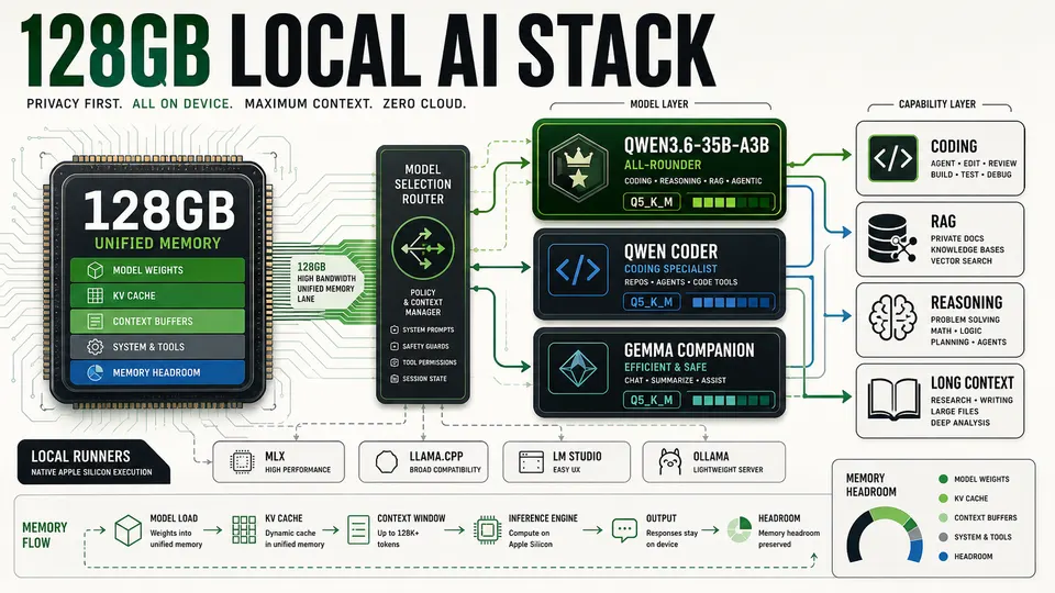Protocol schematic poster for a 128GB Apple Silicon local AI stack led by Qwen3.6