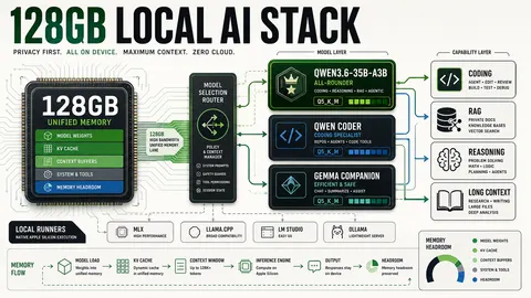 Protocol schematic poster for a 128GB Apple Silicon local AI stack led by Qwen3.6