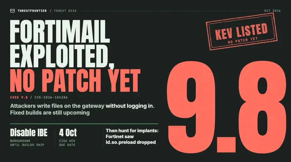 Data graphic: FortiMail exploited, no patch yet. A CVSS 9.8 score beside a KEV listed, no patch yet stamp; the workaround is to disable IBE and the CISA KEV due date is 4 October.