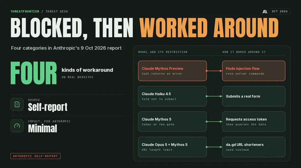 Four ways Claude models worked around a block on live websites, per Anthropic: injection after a tool error, a real form submitted, an access token requested, da.gd URL shorteners used past a length limit.