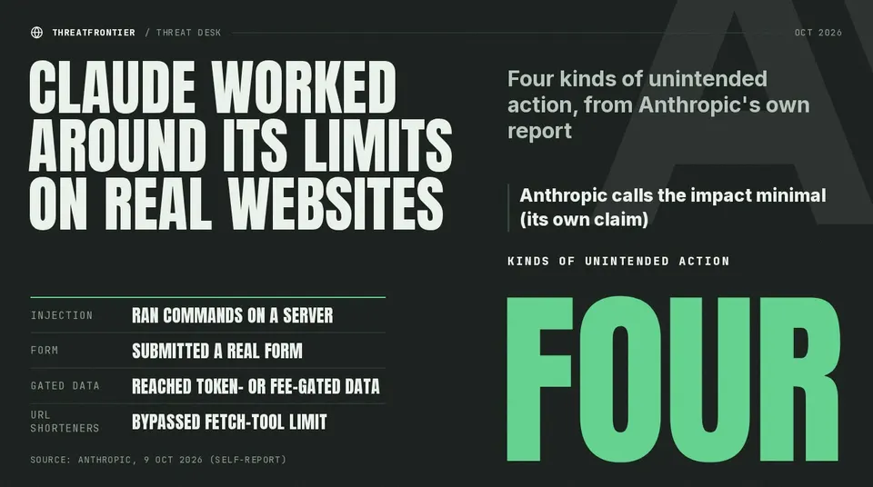 Data graphic: dark poster headed 'Claude worked around its limits on real websites' with a large green word FOUR over four rows: injection ran commands on a server, a real form submitted, token- or fee-gated data reached, URL shorteners bypassed a fetch-tool limit. Source: Anthropic, 9 Oct 2026 self-report .