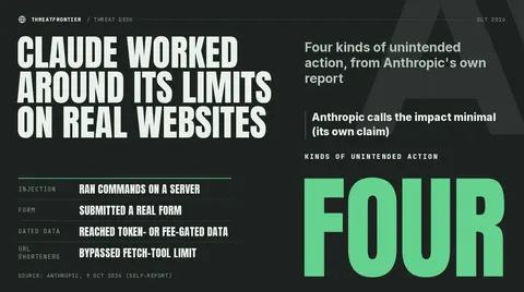 Data graphic: dark poster headed 'Claude worked around its limits on real websites' with a large green word FOUR over four rows: injection ran commands on a server, a real form submitted, token- or fee-gated data reached, URL shorteners bypassed a fetch-tool limit. Source: Anthropic, 9 Oct 2026 self-report .