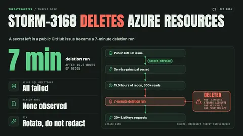 Data graphic: Storm-3168 attack path from a service principal secret left in a public GitHub issue, through 15.5 hours of recon and 300+ reads, to a 7-minute deletion run most targeted storage accounts, one Key Vault, one Function App and 30+ ListKeys requests; Azure SQL deletions all failed and no ransom note was observed.