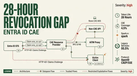 Infographic briefing poster for The 28-Hour Revocation Gap: Why Entra ID Continuous Access Evaluation CAE Fails Against Session Token Theft