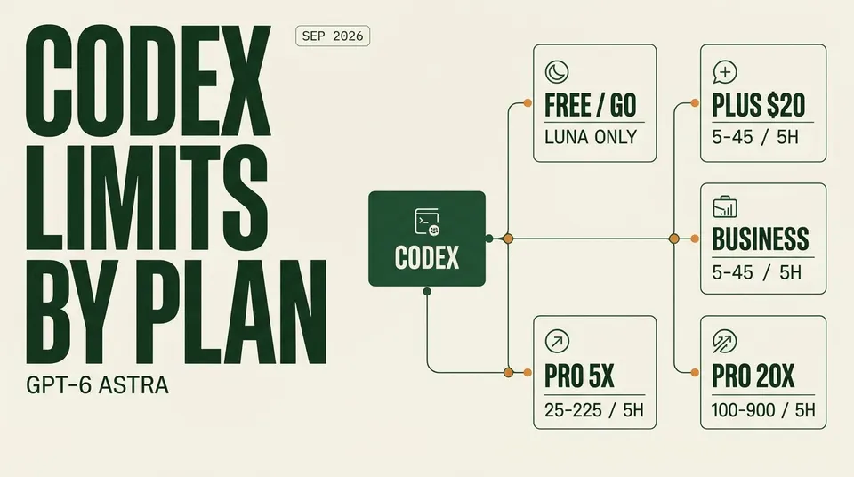 Hub diagram of Codex limits by ChatGPT plan: Free/Go Luna only, Plus and Business 5-45 Astra, Pro 5x 25-225, Pro 20x 100-900 per 5h