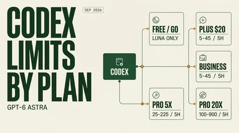 Hub diagram of Codex limits by ChatGPT plan: Free/Go Luna only, Plus and Business 5-45 Astra, Pro 5x 25-225, Pro 20x 100-900 per 5h