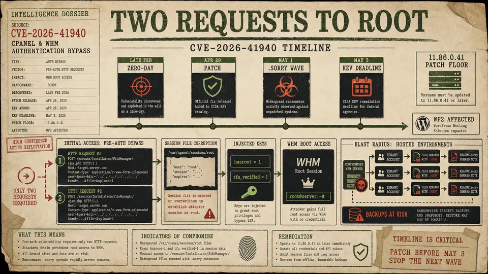 Incident timeline showing CVE-2026-41940 exploitation path from cPanel auth bypass to Sorry ransomware