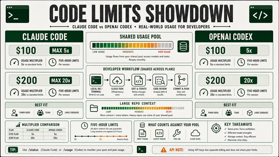 Claude Code versus OpenAI Codex 100 and 200 plan usage limits comparison