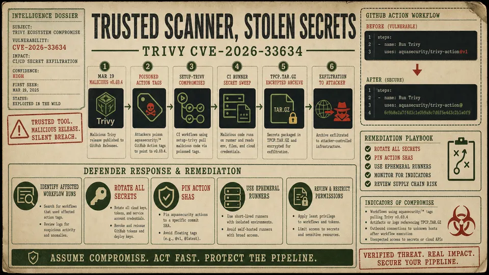 Incident timeline showing Trivy CVE-2026-33634 malicious release, poisoned action tags, and secret rotation response