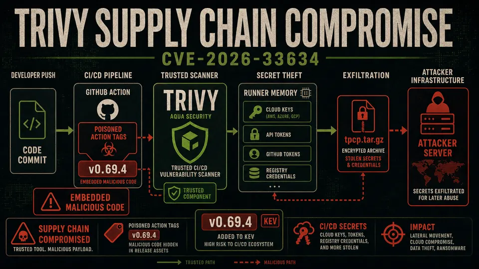 ThreatFrontier poster showing Trivy CVE-2026-33634 supply chain compromise in CI/CD pipelines