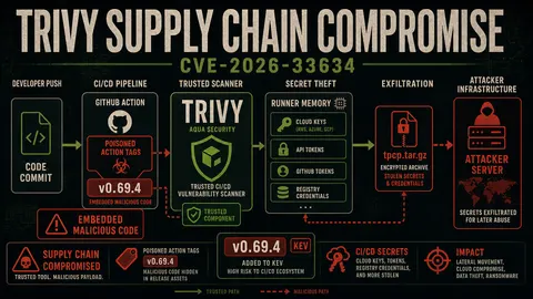 ThreatFrontier poster showing Trivy CVE-2026-33634 supply chain compromise in CI/CD pipelines