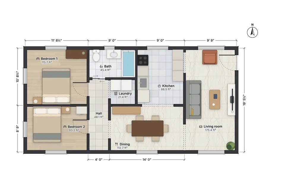 FloorGen 2D render of a furnished two-bedroom plan with a bath, laundry, hall, kitchen, dining and living room, each labeled with its area, dimensioned in feet and inches, with a north arrow