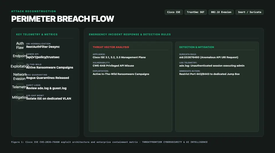 Technical breakdown and architecture diagram for Under Active Attack: Cisco ISE Zero-Day CVE-2026-76460 Grants Remote Unauthenticated Admin Access