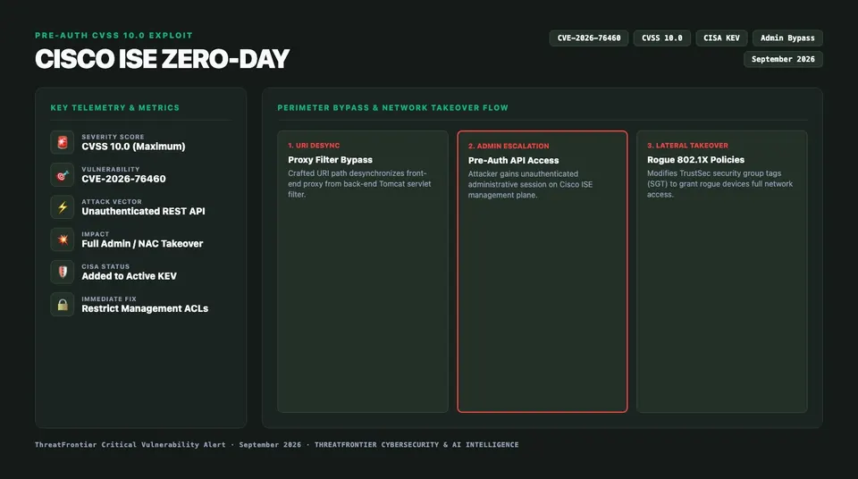 Infographic briefing poster for Under Active Attack: Cisco ISE Zero-Day CVE-2026-76460 Grants Remote Unauthenticated Admin Access