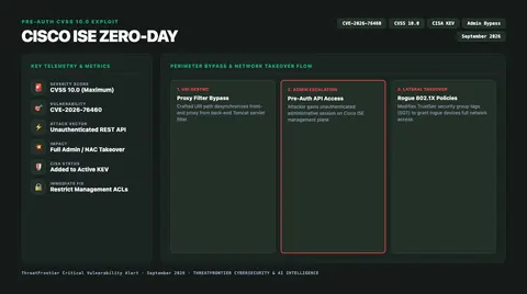 Infographic briefing poster for Under Active Attack: Cisco ISE Zero-Day CVE-2026-76460 Grants Remote Unauthenticated Admin Access