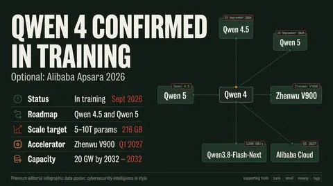 Hub-and-spoke data poster titled Qwen 4 Confirmed In Training, with satellites for Qwen 4.5, Qwen 5, the Zhenwu V900 accelerator and Alibaba Cloud capacity targets.