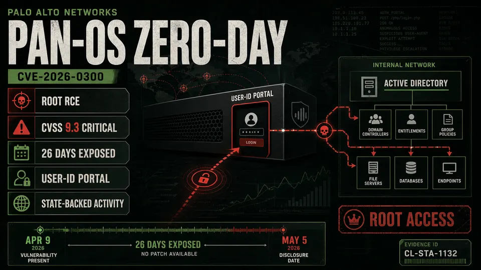 ThreatFrontier poster showing PAN-OS CVE-2026-0300 zero-day exploitation against Palo Alto firewalls