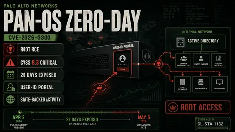 ThreatFrontier poster showing PAN-OS CVE-2026-0300 zero-day exploitation against Palo Alto firewalls