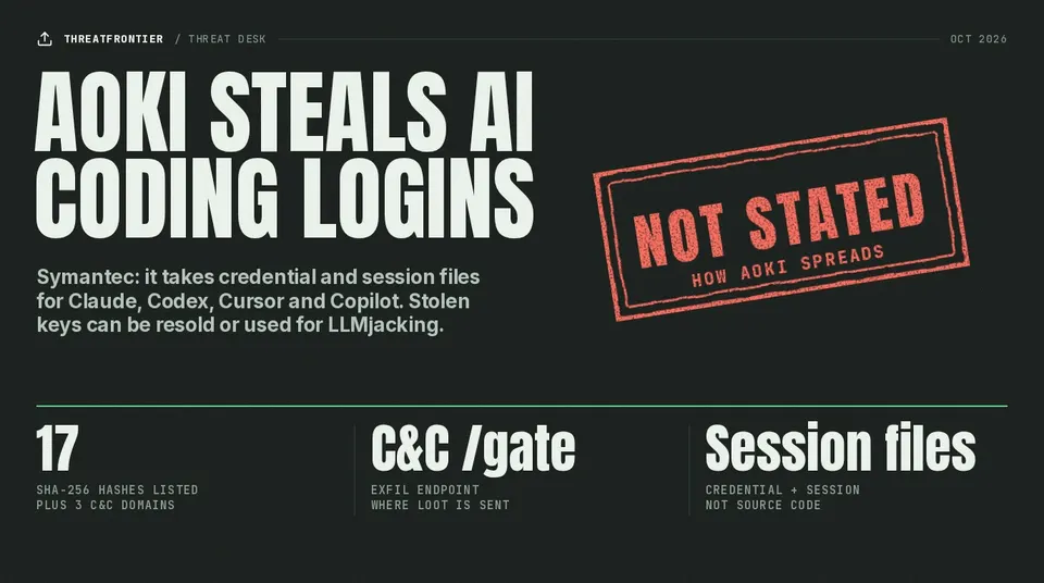 Poster: Aoki infostealer, how it spreads is not stated; 17 file hashes and 3 C&C domains