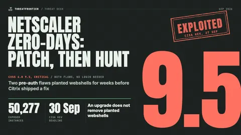 Data graphic: NetScaler zero-days, patch then hunt. Both flaws score CVSS 4.0 9.5 and are stamped exploited CISA KEV, 27 Sep ; 50,277 exposed instances; CISA KEV deadline 30 Sep.