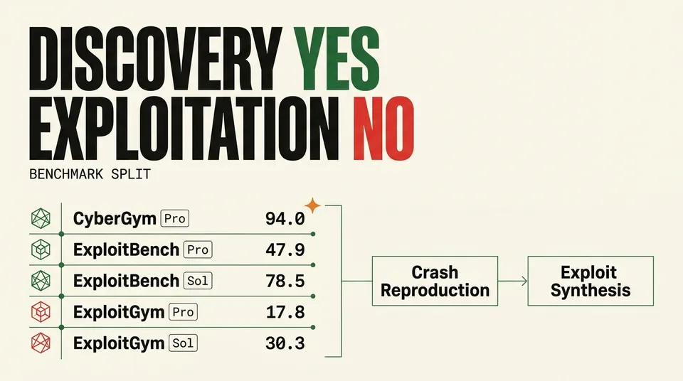 Chart headed DISCOVERY YES EXPLOITATION NO comparing CyberGym Pro 94.0, ExploitBench Pro 47.9, ExploitBench Sol 78.5, ExploitGym Pro 17.8 and ExploitGym Sol 30.3, beside a two-stage flow from crash reproduction to exploit synthesis.