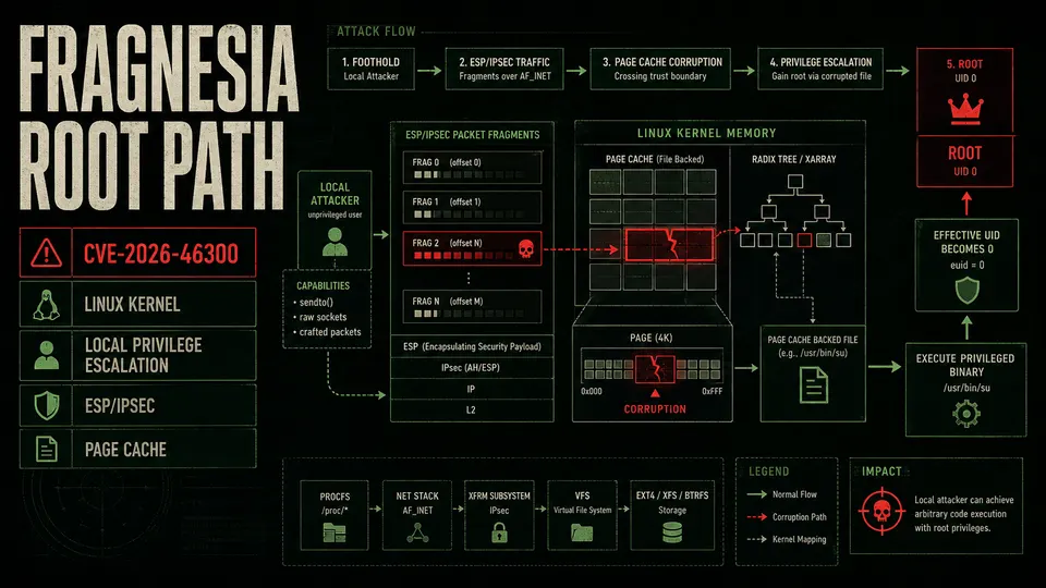 Fragnesia CVE-2026-46300 Linux kernel page cache local privilege escalation path