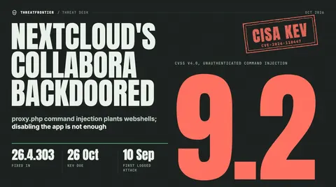 Data graphic: Cover for the Nextcloud Collabora backdoor story, with a giant 9.2 CVSS v4.0 score for an unauthenticated command injection, a CISA KEV CVE-2026-110447 stamp, and three facts: fixed in 26.4.303, KEV due 26 Oct, first logged attack 10 Sep.