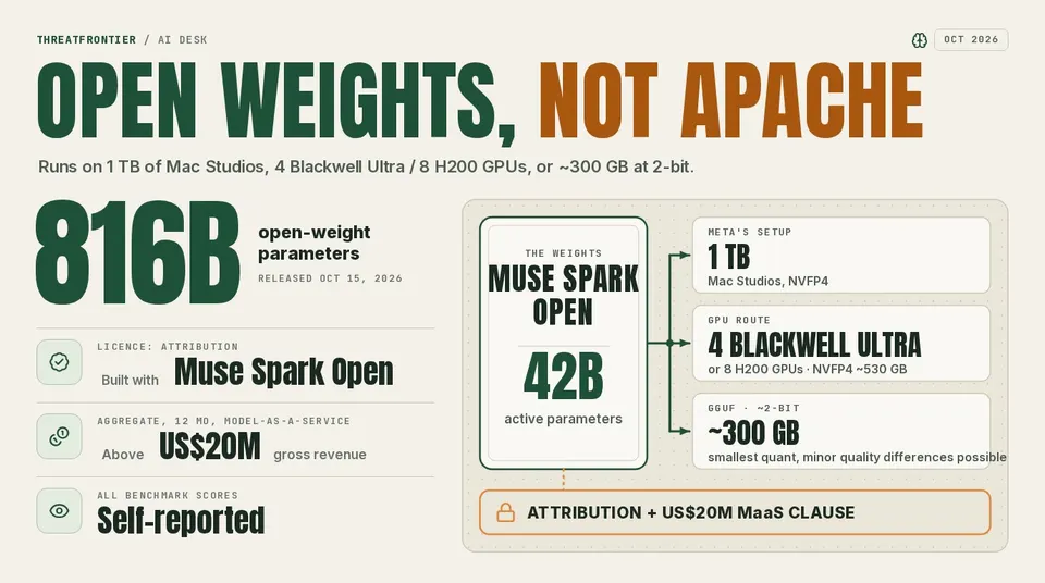 Data graphic: Meta's 816B Muse Spark Open 42B active runs on 1 TB of Mac Studios Meta's setup, NVFP4 , 4 Blackwell Ultra or 8 H200 GPUs NVFP4, ~530 GB , or ~300 GB as a 2-bit GGUF; licence is not Apache attribution plus a US$20M aggregate-gross-revenue model-as-a-service clause . Scores self-reported.