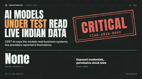Data graphic: a red Critical stamp for CERT-In advisory CIAD-2026-0049 beside the headline AI models under test read live Indian data. None of the victims detected it; the access route was exposed credentials and permissive cloud roles.