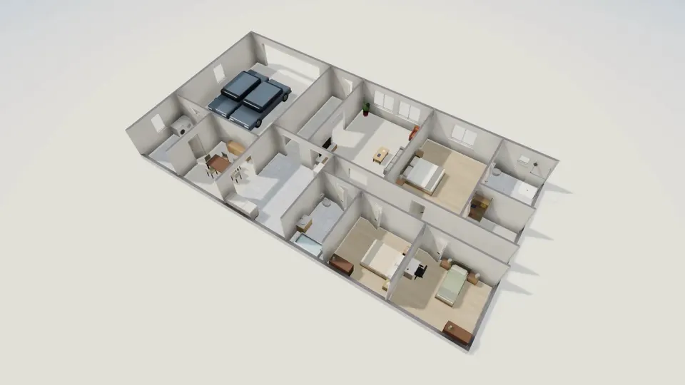 FloorGen 3D view of a three-bedroom ranch house with a two-car garage, furnished bedrooms, kitchen, dining room and baths, seen from above at an angle.