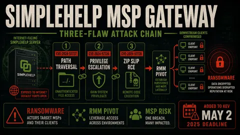 ThreatFrontier poster showing the SimpleHelp three-flaw attack chain against MSP remote support infrastructure