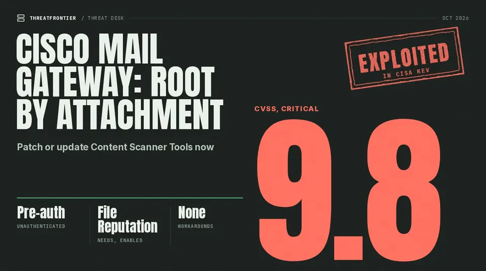 Data graphic: Cisco Secure Email Gateway flaw CVE-2026-76519, rated CVSS 9.8 Critical, stamped "Exploited, in CISA KEV". It is unauthenticated, needs File Reputation enabled, and has no workarounds.
