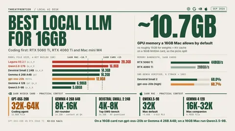 Data graphic: 4-bit model file sizes against the memory budget for local LLMs on 16GB hardware. A 16GB Mac allows about 10.7GB of GPU memory by default, against roughly 15GB on a 16GB NVIDIA card, so Laguna XS 2.1 20.3GB and Qwen3.8-27B 16.8GB do not fit a 16GB card, while Devstral Small 2 24B 14.3GB , Gemma 4 26B A4B 14.2GB and gpt-oss-20b 12.8GB do. Practical context is 32K–64K for gpt-oss-20b, 8K–16K for Gemma 4 26B A4B and 4K–8K for Devstral Small 2 on the card, and 32K for Qwen3.5-9B ~5.6GB and 16K–32K for Gemma 4 12B 6.98GB on the Mac. The RTX 5060 Ti has 448GB/s of bandwidth to the RTX 4060 Ti's 288GB/s, and the verdict is to run gpt-oss-20b or Gemma 4 26B A4B on a 16GB card and Qwen3.5-9B on a 16GB Mac.