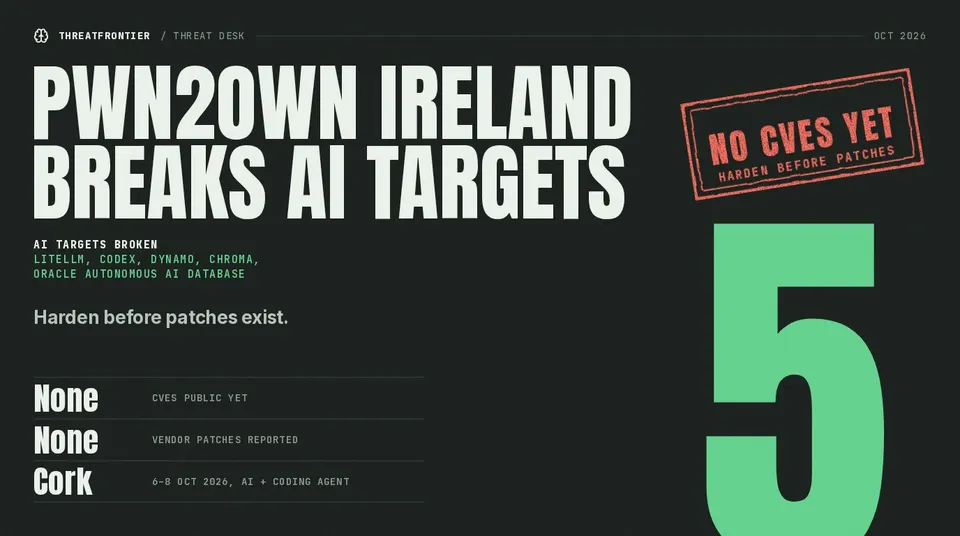 Pwn2Own Ireland 2026 poster: five AI targets broken, no CVEs yet