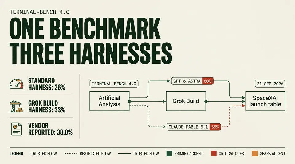 Three Terminal-Bench 4.0 scores for Grok 4.7: 26% on a standardized harness, 33% through Grok Build, and 38.0% self-reported by SpaceXAI, with GPT-6 Astra at 60% and Claude Fable 5.1 at 55% for reference.