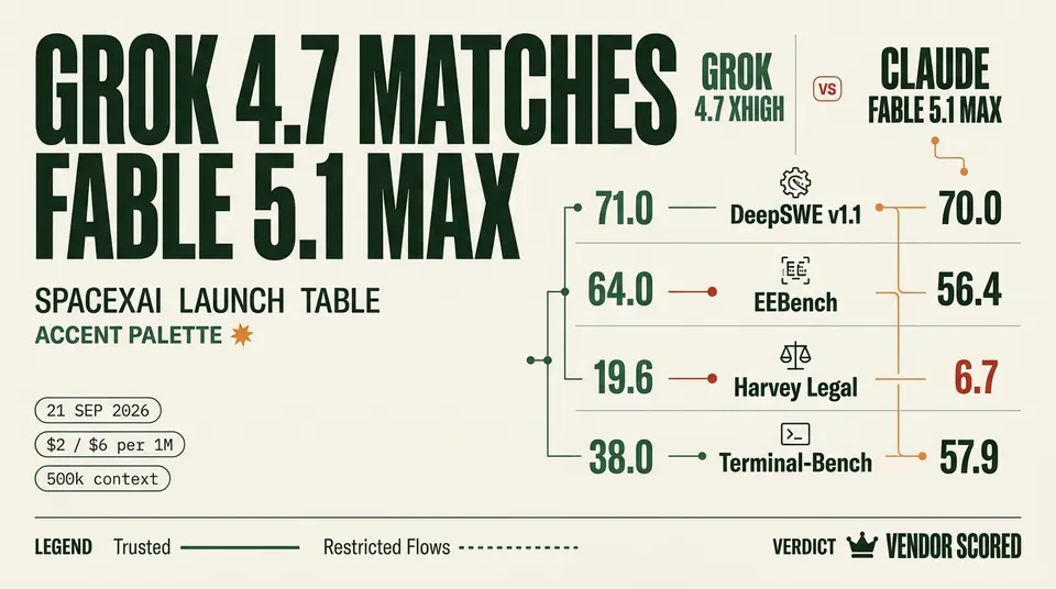 Head-to-head data poster from SpaceXAI's Grok 4.7 launch table: Grok 4.7 xHigh against Claude Fable 5.1 Max on DeepSWE v1.1 71.0 to 70.0, EEBench 64.0 to 56.4, Harvey Legal 19.6 to 6.7, and Terminal-Bench 38.0 to 57.9, stamped VENDOR SCORED.