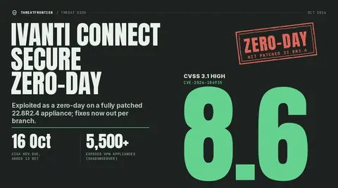 Data graphic: Ivanti Connect Secure zero-day, CVSS 3.1 High 8.6, stamped "Zero-day, hit patched 22.8R2.4"; CISA deadline 16 Oct, 5,500+ exposed VPN appliances Shadowserver .