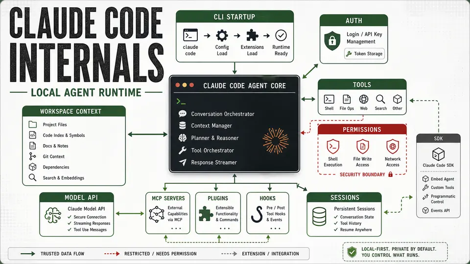 ThreatFrontier poster showing Claude Code internals as a local agent runtime with tools permissions sessions and SDK