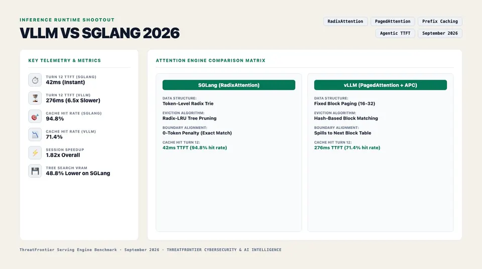 Infographic briefing poster for vLLM vs. SGLang in 2026: Benchmarking RadixAttention vs. PagedAttention for Local Agents & RAG